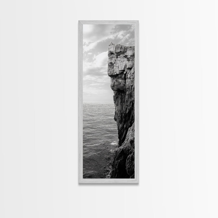 Ocean Cliff Edge, Rugged Coastline Art, Black White Landscape Print, Framed Canvas Print, Modern Seaside Office Wall Decor, Moody Landscape