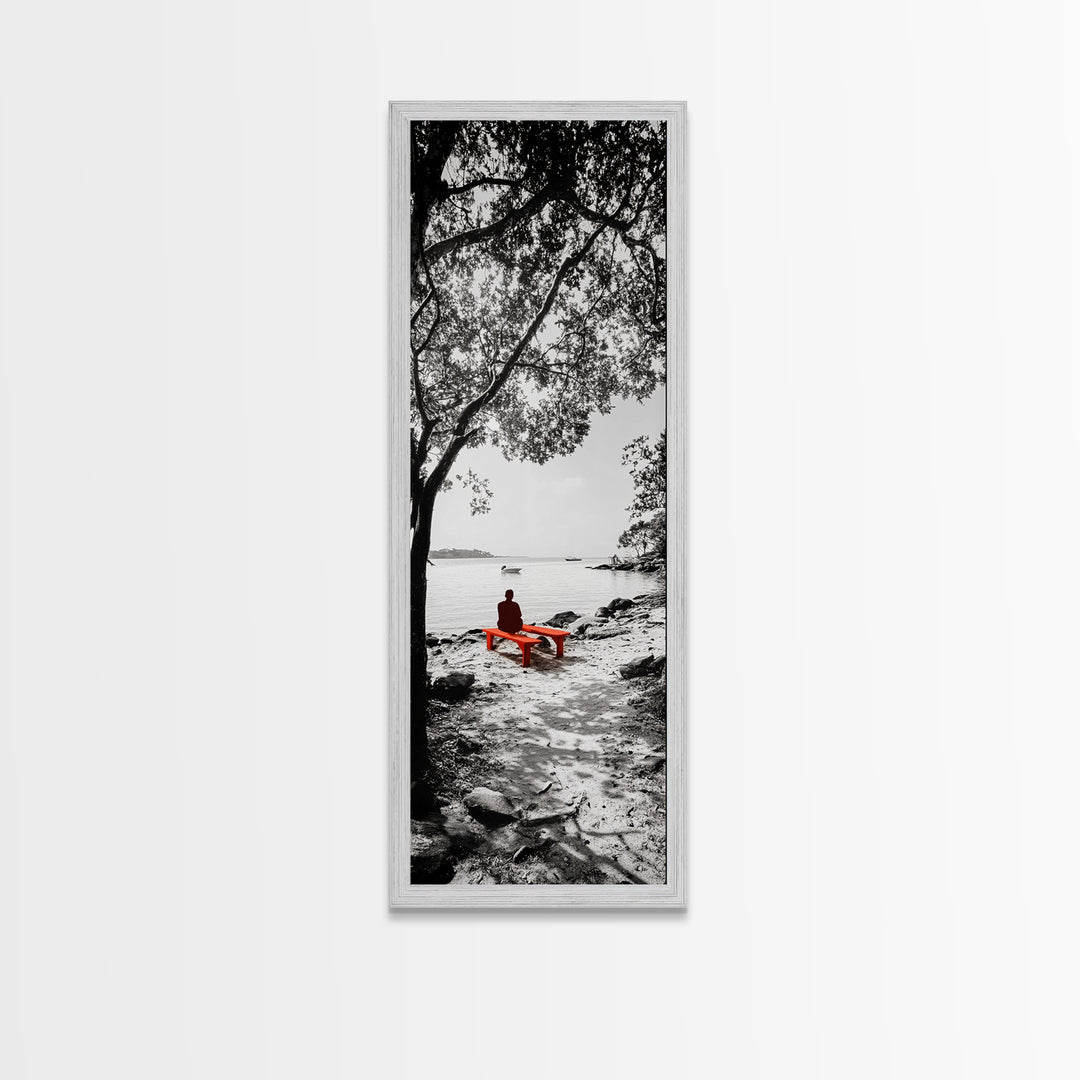Lonely Figure, Red Bench, Reflective Scene, Peaceful Beach Wall Art, Framed Canvas Print, Black and White Photography, Zen Room Decor