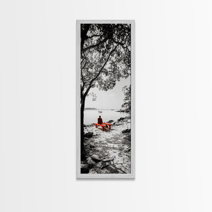 Lonely Figure, Red Bench, Reflective Scene, Peaceful Beach Wall Art, Framed Canvas Print, Black and White Photography, Zen Room Decor