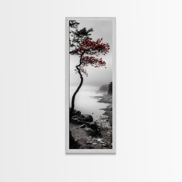 Curved Tree, Foggy Coastline, Red Leaves, Moody Nature Canvas Print, Autumn Landscape, Bedroom Wall Art, Minimalist Earthy Decor