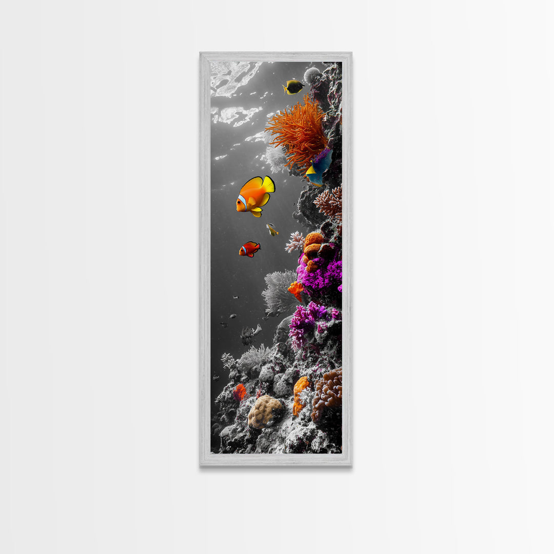 Clownfish Reef, Underwater Scene, Ocean Wall Decor, Coral Reef, Tropical Fish, Framed Canvas Print, Vibrant Bathroom Wall Art