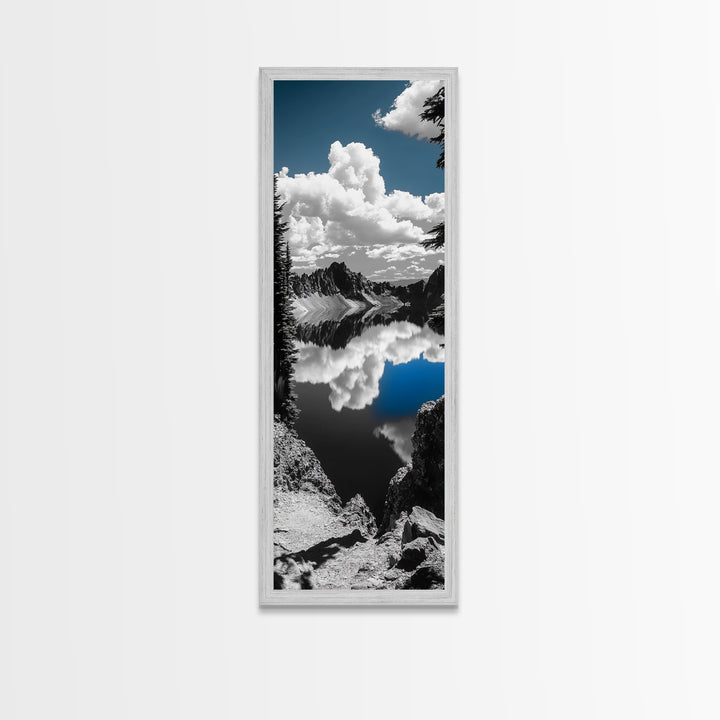 Reflected Clouds, Blue Sky, Mountain Lake, Wilderness Escape, Scenic Nature Art, Framed Canvas Print, Tranquil Office Wall Decor