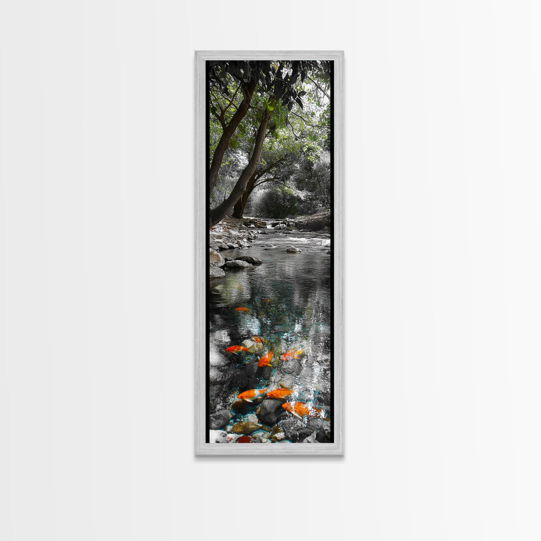 Koi Pond, Peaceful Water, Zen Garden Vibes, Orange Fish, Reflective Nature, Framed Canvas Print, Serene Bedroom Wall Art, Living Room Art
