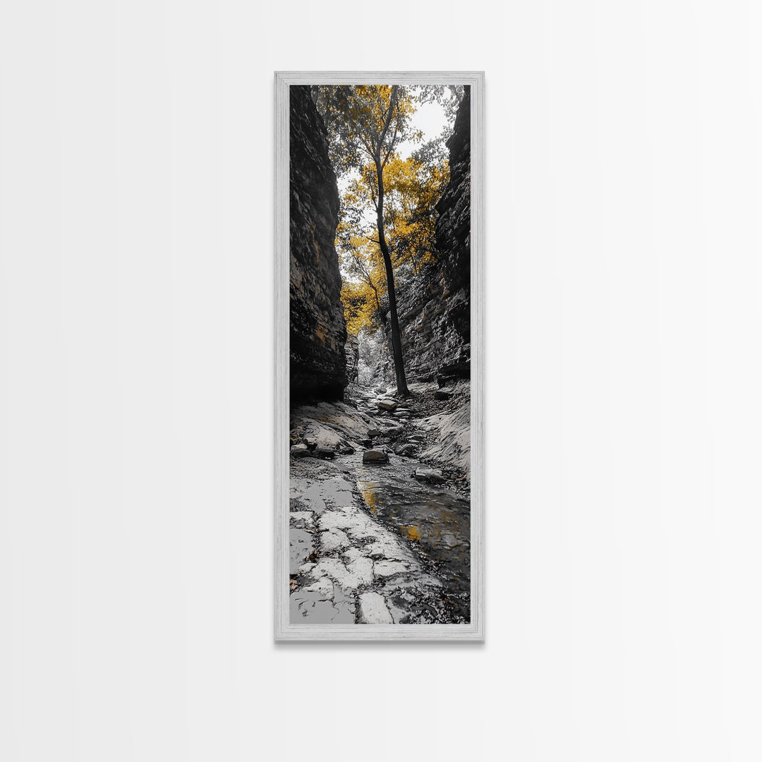 Autumn Gorge, Fall Stream, Yellow Trees, Nature Canyon Trail, Framed Canvas Print, Rustic Hallway Decor, Cozy Autumn Living Room Art