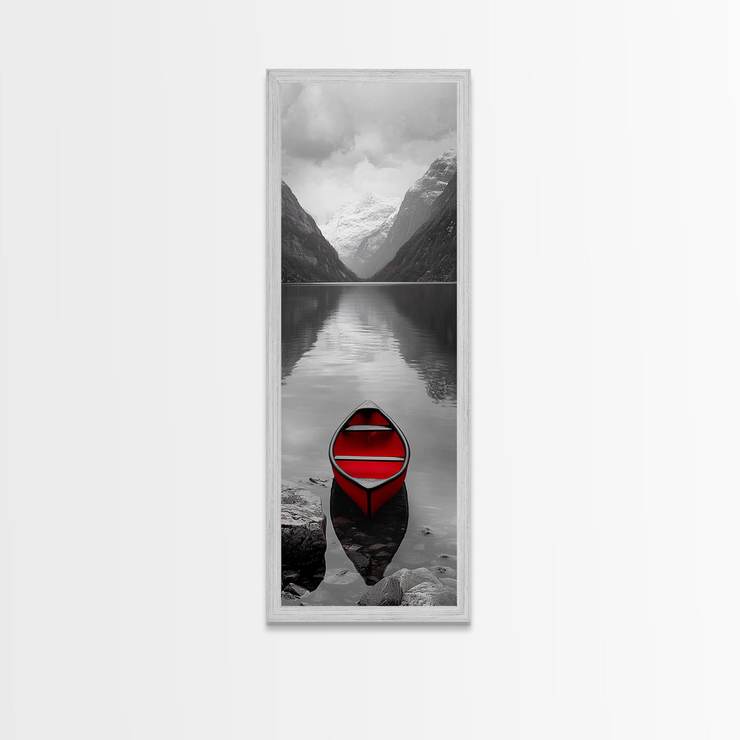 Red Canoe, Mountain Lake, Minimalist Reflection, Snowy Peaks, Framed Canvas Print, Nordic Cabin Wall Art, Serene Bedroom Decor
