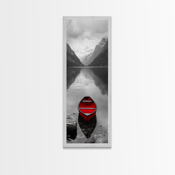 Red Canoe, Mountain Lake, Minimalist Reflection, Snowy Peaks, Framed Canvas Print, Nordic Cabin Wall Art, Serene Bedroom Decor