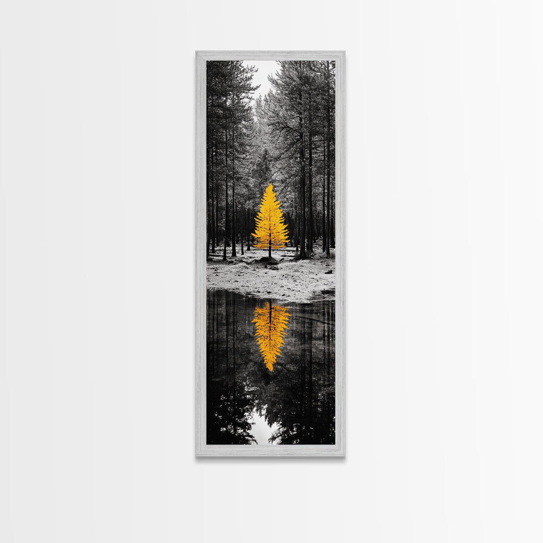 Golden Tree, Forest Reflection, Autumn Solitude, Nature Focused Minimalism, Framed Canvas Print, Zen Bathroom or Office Wall Art