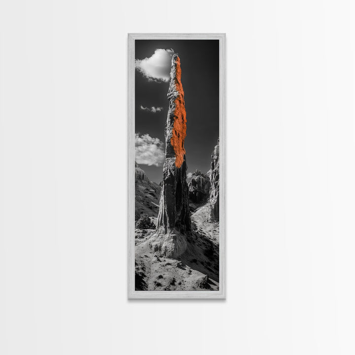 Orange Spire, Desert Rock, Natural Monument, High Contrast Landscape, Framed Canvas Print, Rustic Office Wall Art, Fall Desert Decor