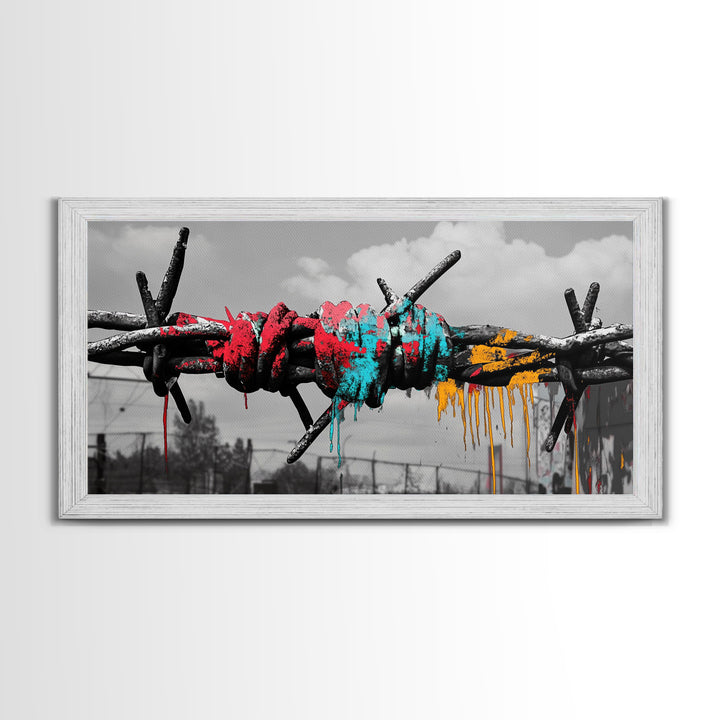 Barbed Wire, Graffiti Art, Urban Street Style, Grunge Decor, Framed Canvas Print, Industrial Wall Art, Dripping Paint, Mixed Media Style