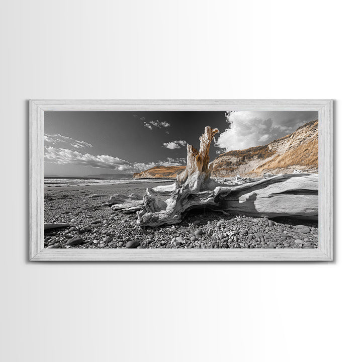Coastal Driftwood, Beach Scene, Natural Texture, Modern Rustic, Framed Canvas Print, Neutral Tones, Office Wall Art, Coastal Vibe Decor