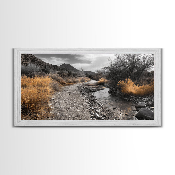 Autumn Path, Golden Bushes, Seasonal Stream, Fall Foliage, Framed Canvas Print, Cozy Entryway Decor, Rustic Wall Art, Nature Inspired