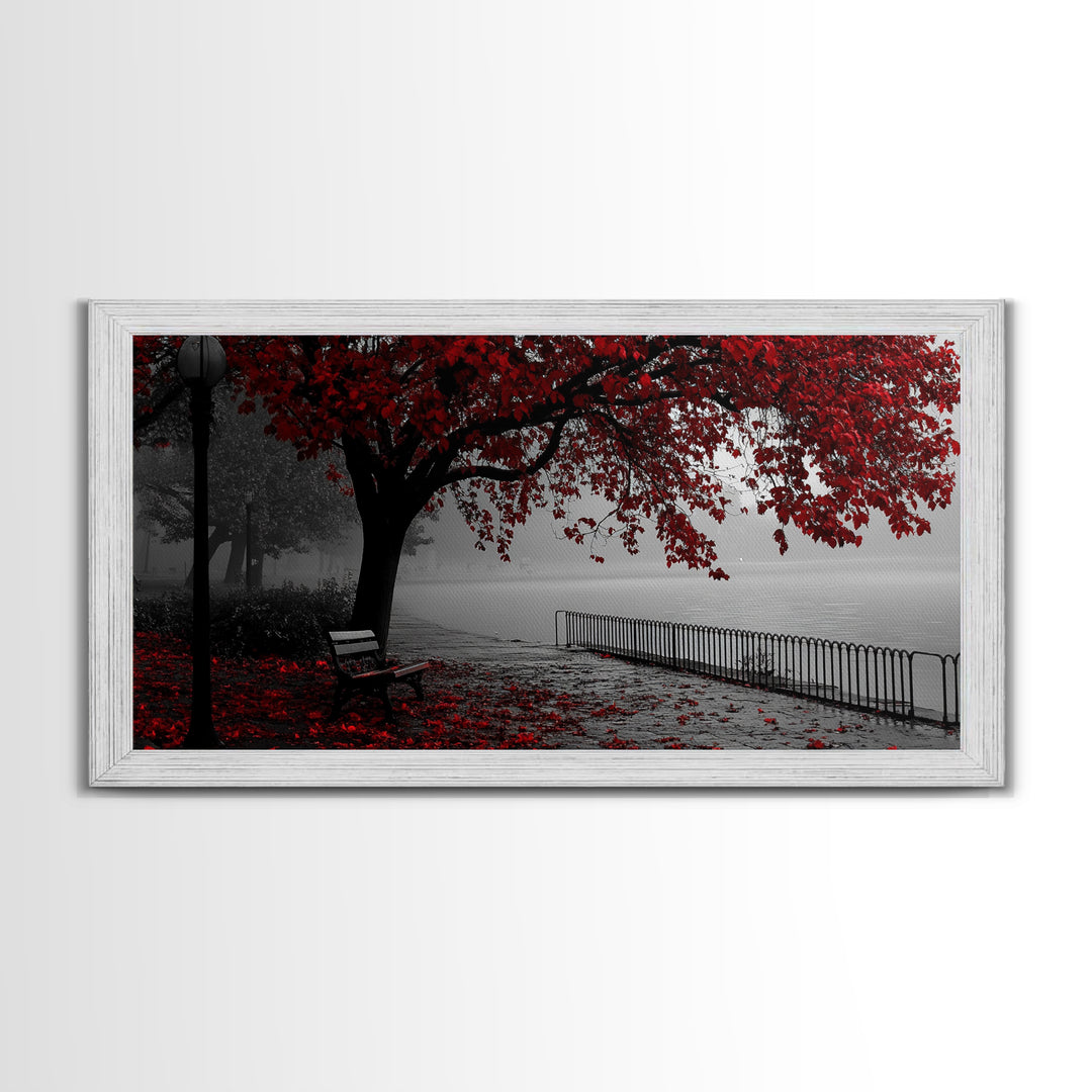 Autumn Bench, Leaves, Foggy park serenity meets bold red leaves in this Framed Canvas Print, ideal Autumn Bedroom Wall Art, Entryway Decor