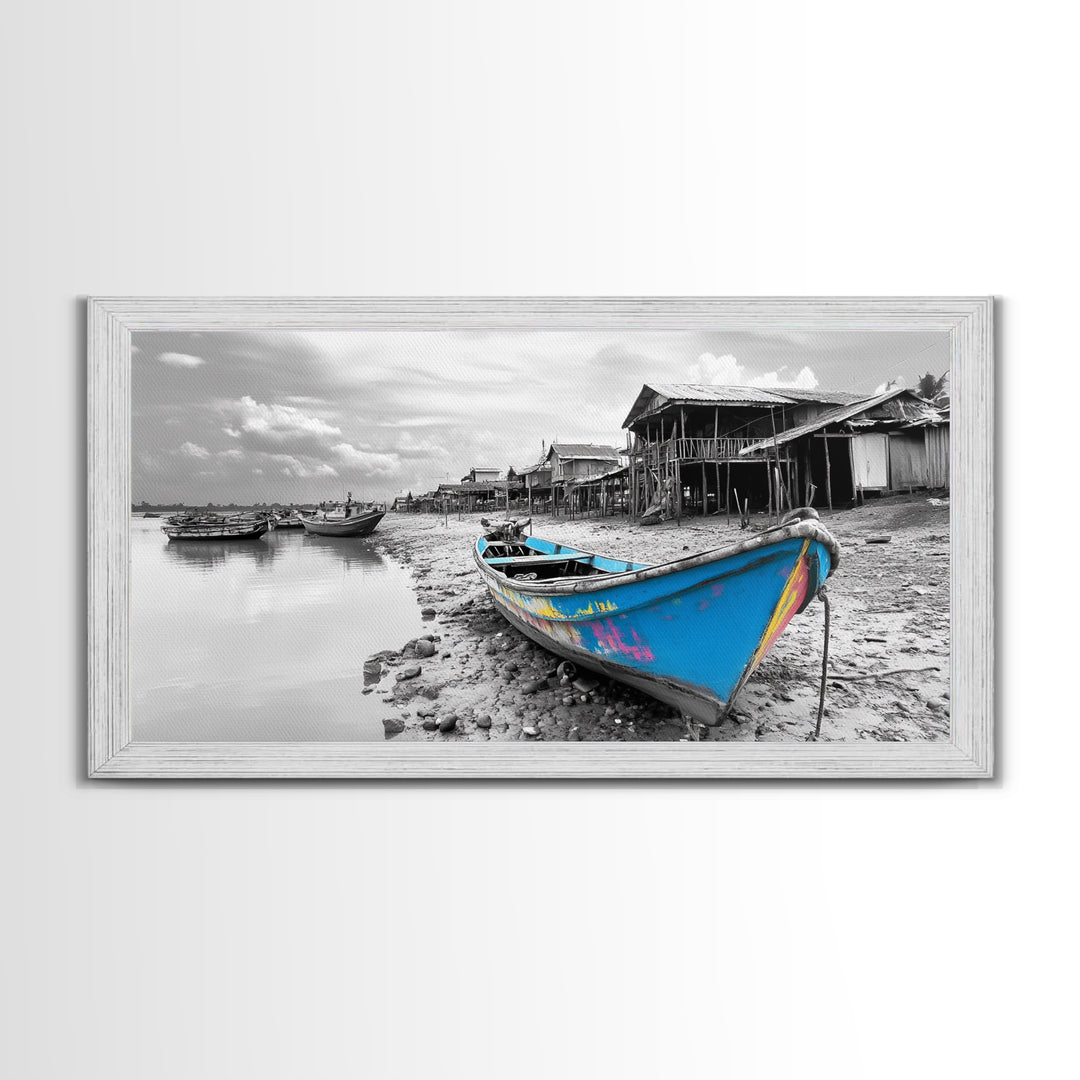 Blue Boat, Shore Village, Coastal Charm, Framed Canvas Print, Rustic Fishing Art, Seaside Home Decor, Nautical Style, Ocean Wall Art