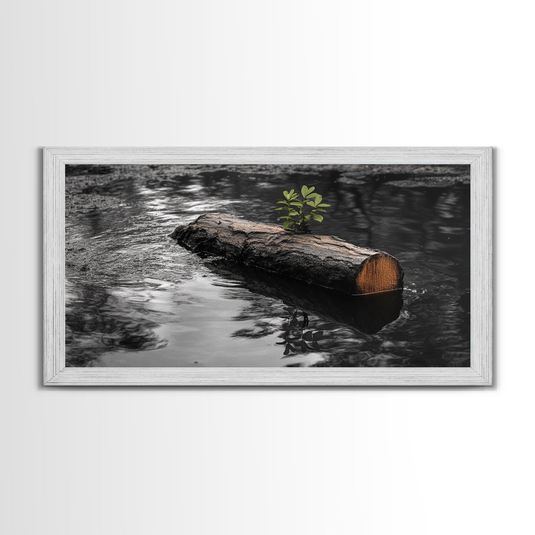 Nature Log, Life Grows, Floating Tree, Framed Canvas Print, Minimalist Growth Art, Nature Symbolism, Office Inspiration, Calm Wall Art