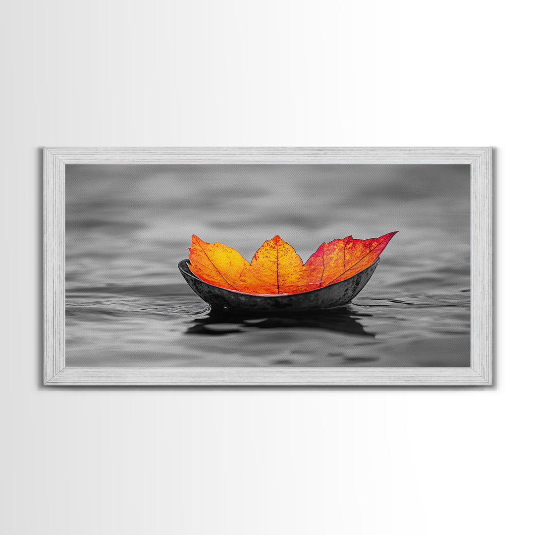 Autumn Leaf, Floating Bowl, Red Yellow Decor, Framed Canvas Print, Cozy Fall Art, Thanksgiving Wall Art, Kitchen Decor, Minimalist Style