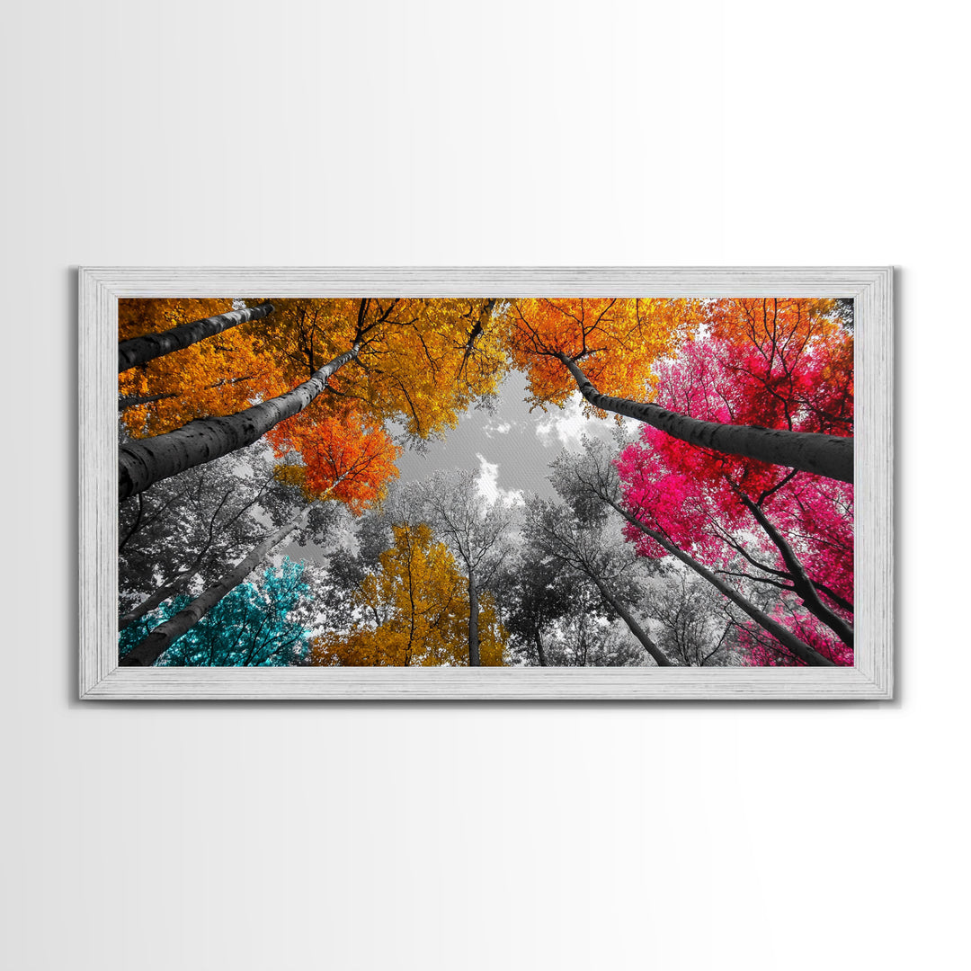 Autumn Trees, Colorful Forest, Fall Foliage, Looking Up, Framed Canvas Print, Vibrant Nature, Living Room Wall Art, Boho Style