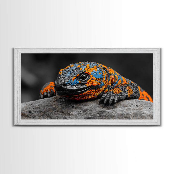 Colorful Lizard, Wildlife Closeup, Exotic Creature, Nature Bold, Framed Canvas Print, Reptile Lover Gift, Office Wall Art, Vibrant Wildlife Art
