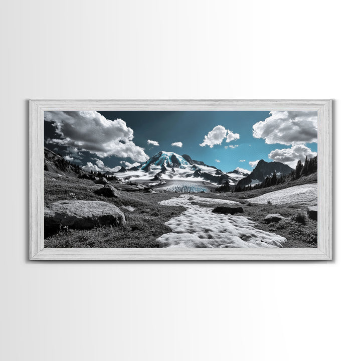 Blue Sky, Glacial Mountain, Winter Landscape, Nature Scene, Framed Canvas Print, Cabin Wall Art, Snowy Hiking Trail, Minimalist Nature Art
