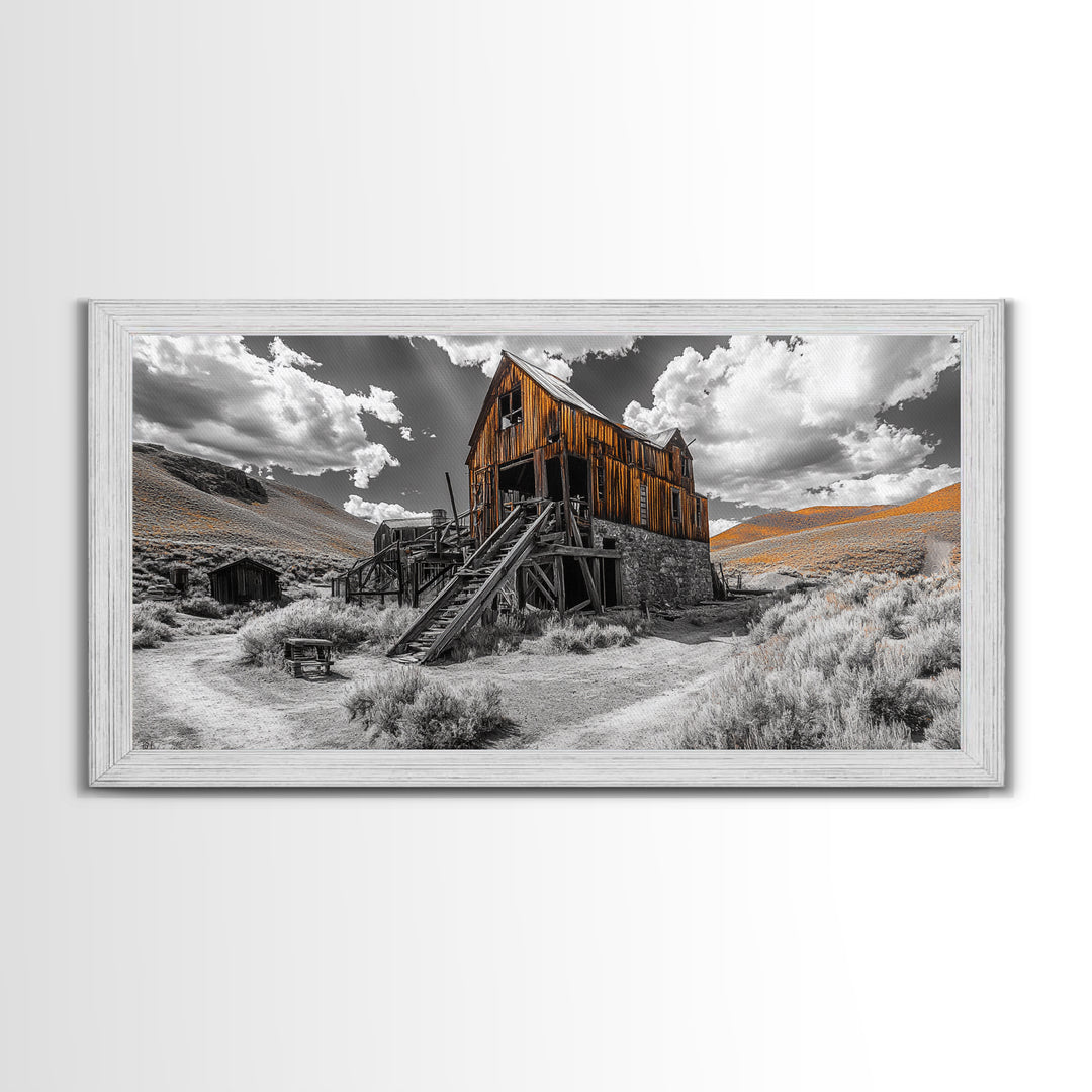 Desert Barn, Rustic Landscape, Western Vibes, Autumn Glow, Framed Canvas Print, Farmhouse Wall Art, Abandoned Homestead Photography