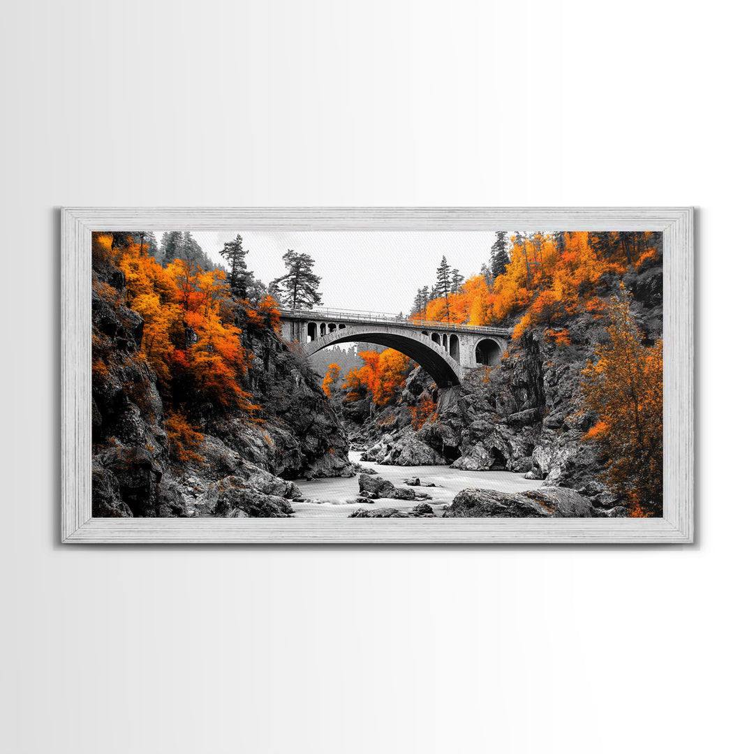 Autumn Bridge, River Gorge, Rustic Nature, Fall Trees, Framed Canvas Print, Cabin Wall Art, Seasonal Decor, Scenic Travel Landscape