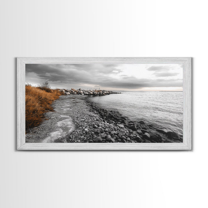 Coastal Path, Stormy Shore, Serene View, Monochrome Mood, Framed Canvas Print, Beach Wall Art, Peaceful Nature, Seaside Photography Decor
