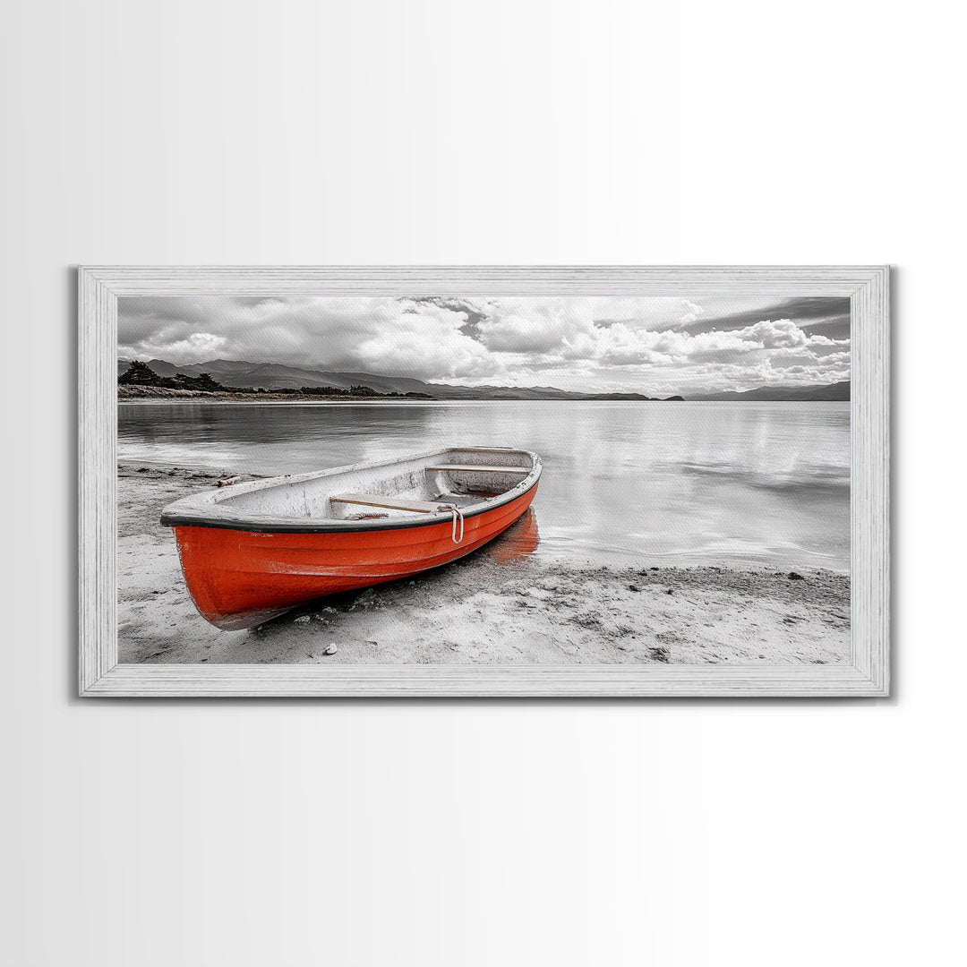 Beached Boat, Calm Waters, Cloudy Horizon, Serene Coastline, Framed Canvas Print, Coastal Wall Art, Minimalist Home Decor, Beach House