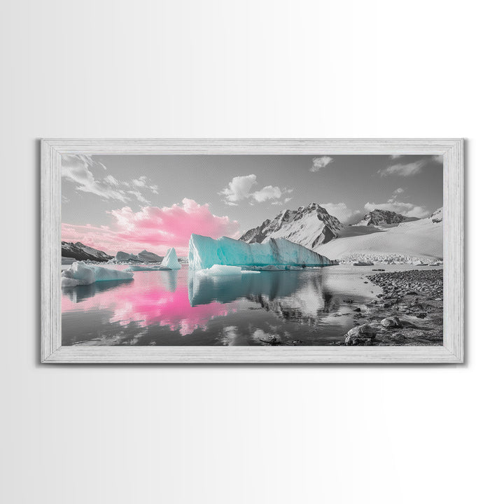 Blue Icebergs, Pink Sky, Glacial Lake, Arctic Dreamscape – Canvas Print, Nature Photography Art, Bedroom Wall Art, Serene Winter Decor
