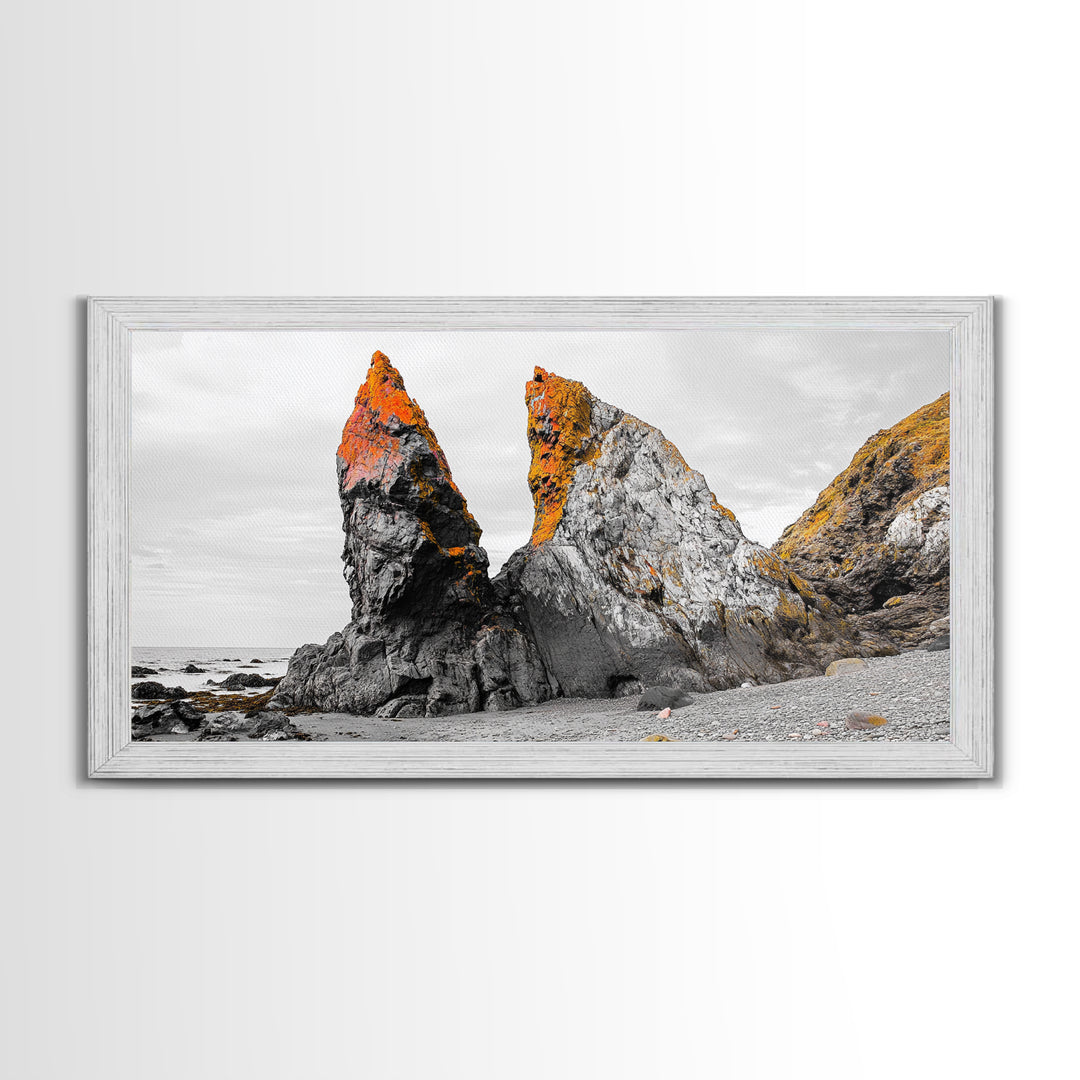 Rocky Cliffs, Orange Moss, Ocean Landscape, Coastal Vibe – Framed Canvas Print, Nature Wall Art, Fall Inspired Decor, Bathroom or Hallway
