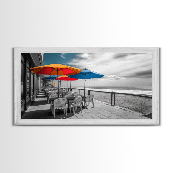 Ocean Café, Coastal Dining, Bright Umbrellas, Seaside View, Framed Canvas Print, Kitchen Wall Art, Beachfront Vibe, Color Pop Style