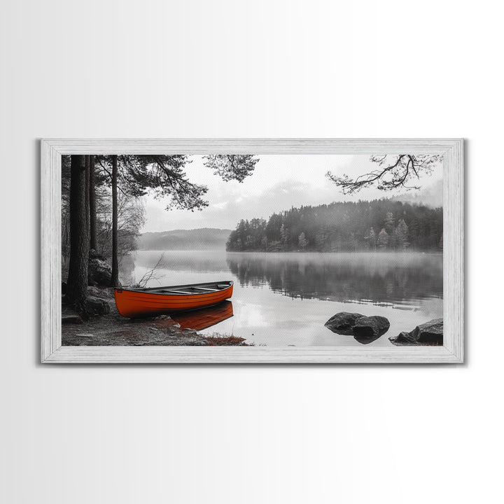 Misty Lake, Orange Boat, Forest Reflections, Foggy Calm – Canvas Print, Nature Wall Art, Fall Cabin Decor, Cozy Landscape Photography