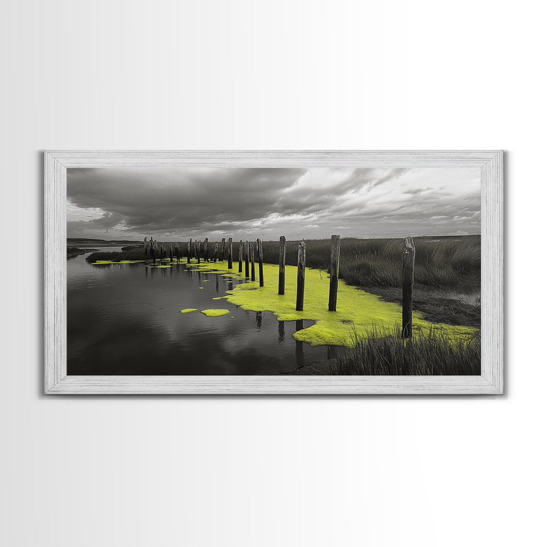 Coastal Marsh, Minimalist Nature, Black and White Art, Modern Decor, Framed Canvas Print, Bathroom Wall Art, Yellow Accents, Serene Mood
