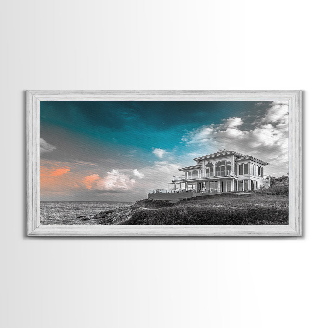 Beach House, Coastal Sunset, Ocean View, Framed Canvas Print, Modern Coastal Decor, Living Room Art, Ocean Sky Photography