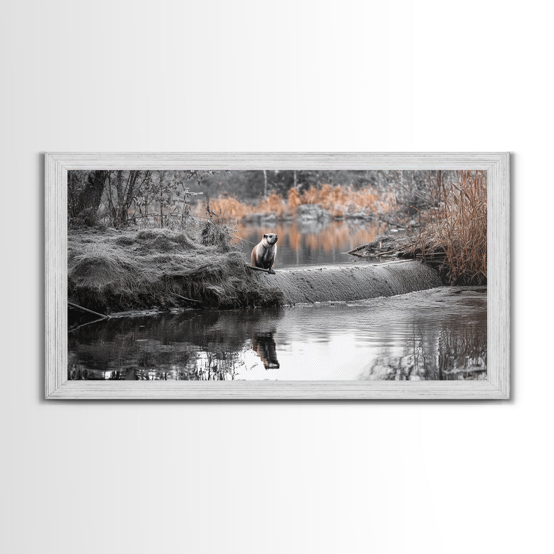 River Otter View, Wildlife Scene, Autumn Nature, Moody Landscape, Framed Canvas Print, Cabin Decor, Animal Wall Art, Woodland Aesthetic