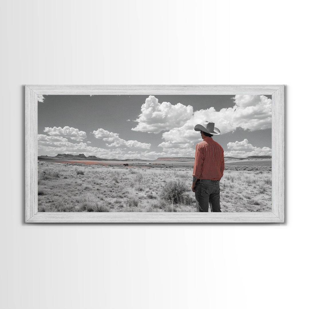 Cowboy Stare, Western Horizon, Desert Dream, American Spirit, Framed Canvas Print, Rustic Bedroom Art, Country Wall Decor, Western Style