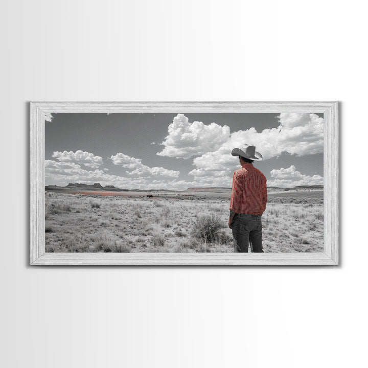 Cowboy Stare, Western Horizon, Desert Dream, American Spirit, Framed Canvas Print, Rustic Bedroom Art, Country Wall Decor, Western Style
