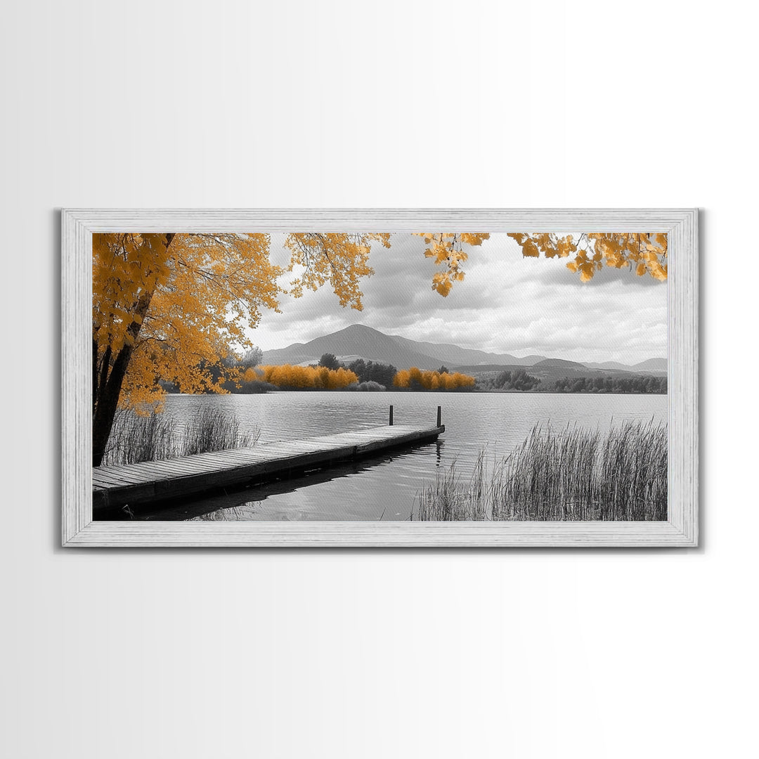 Autumn Lake, Golden Trees, Mountain Calm, Rustic Dock, Framed Canvas Print, Fall Living Room Art, Nature Landscape, Tranquil Cabin Decor