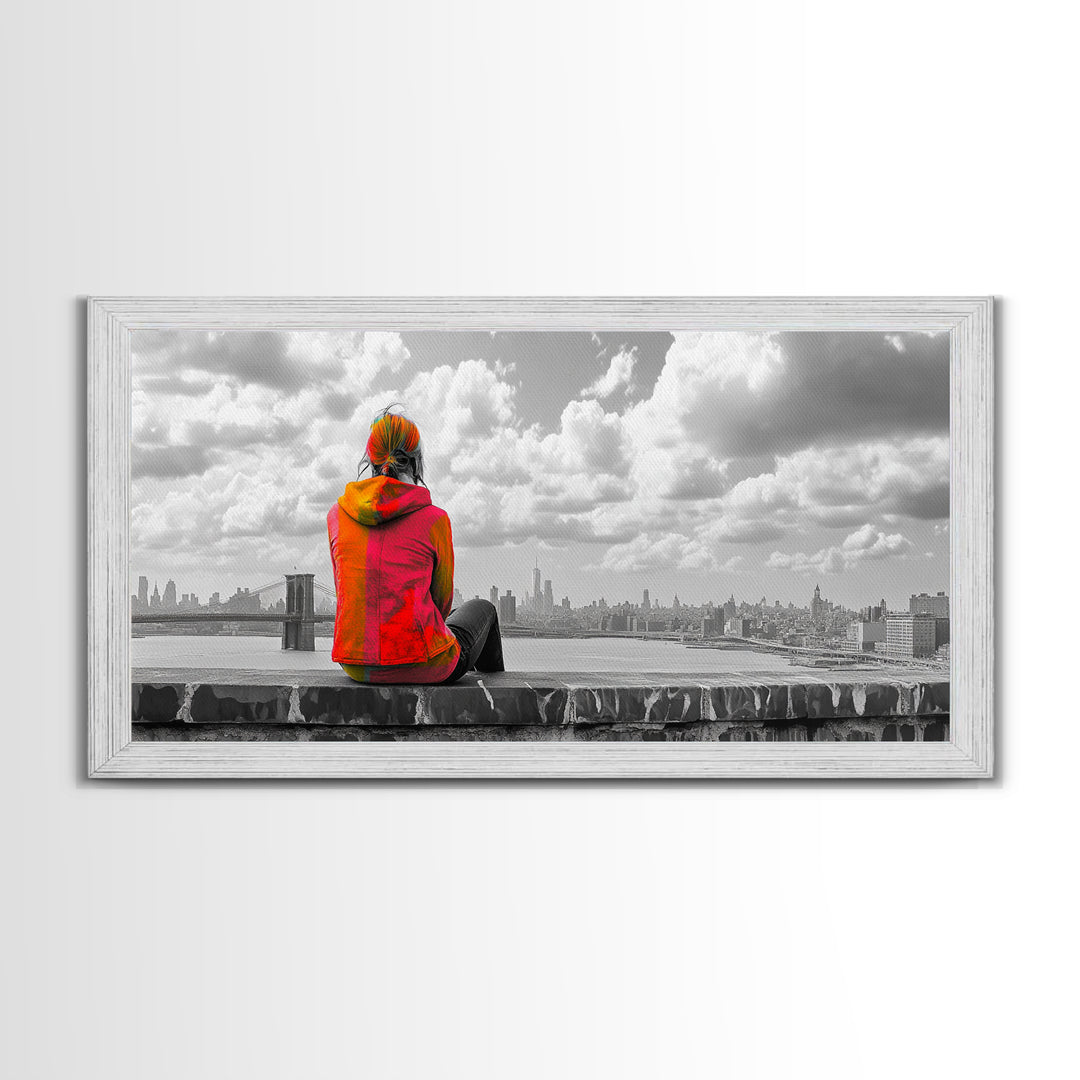 Rooftop View, Urban Woman, Brooklyn Bridge, Reflective Mood, Framed Canvas Print, Modern City Wall Art, Inspirational Office Decor