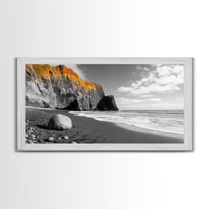 Coastal Cliff View, Monochrome Shore, Bold Nature Scene, Framed Canvas Print, Beach Wall Art, Dramatic Landscape, Modern Office Decor