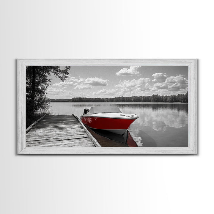 Rustic Boathouse, Red Canoe, Lake Reflection, Tranquil Nature, Framed Canvas Print, Cabin Wall Art, Autumn Lake House Decor