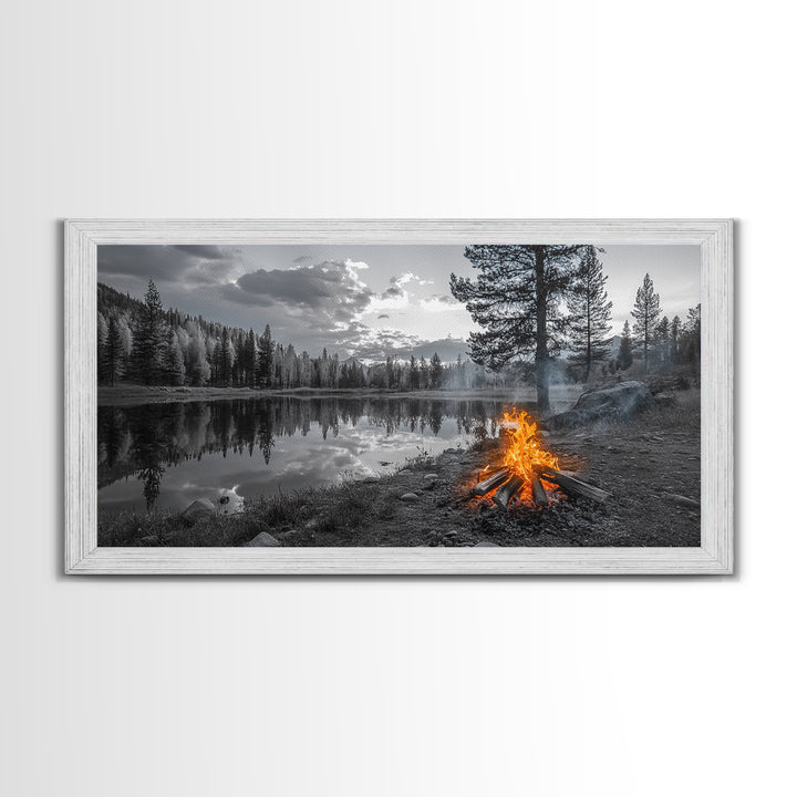 Campfire Sunset, Lake Reflections, Wilderness Escape, Nature Serenity, Framed Canvas Print, Rustic Decor, Autumn Wall Art, Living Room