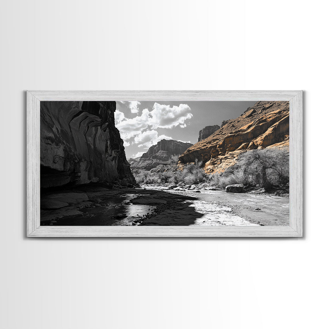 Desert Canyon, River Shadows, Rock Formations, Wild Terrain, Framed Canvas Print, Nature Wall Art, Earth Tone Decor, Living Room Style