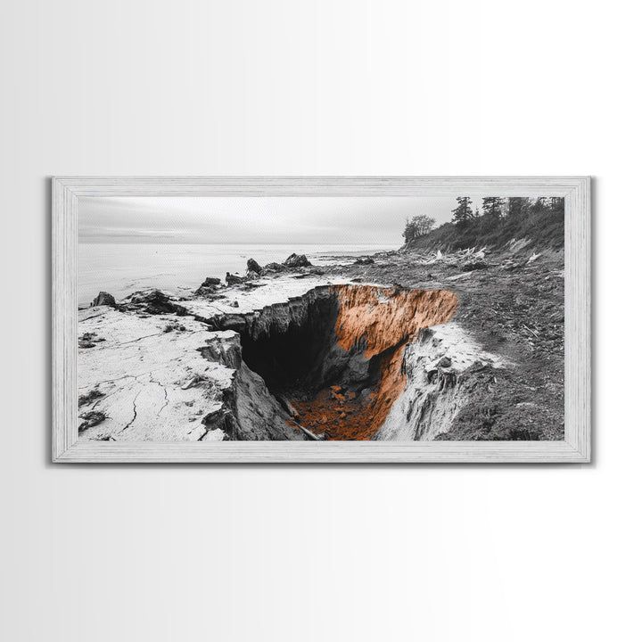 Coastal Cliff, Erosion Edge, Rugged Shoreline, Ocean Mystery, Framed Canvas Print, Modern Nature Wall Art, Earthy Office Decor, Beach Mood