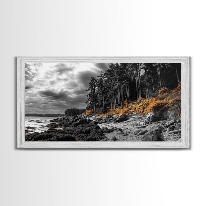 Autumn Coastline, Orange Forest Edge, Framed Canvas Print, Coastal Nature Art, Fall Wall Decor, Rustic Living Room Style, Moody Sky