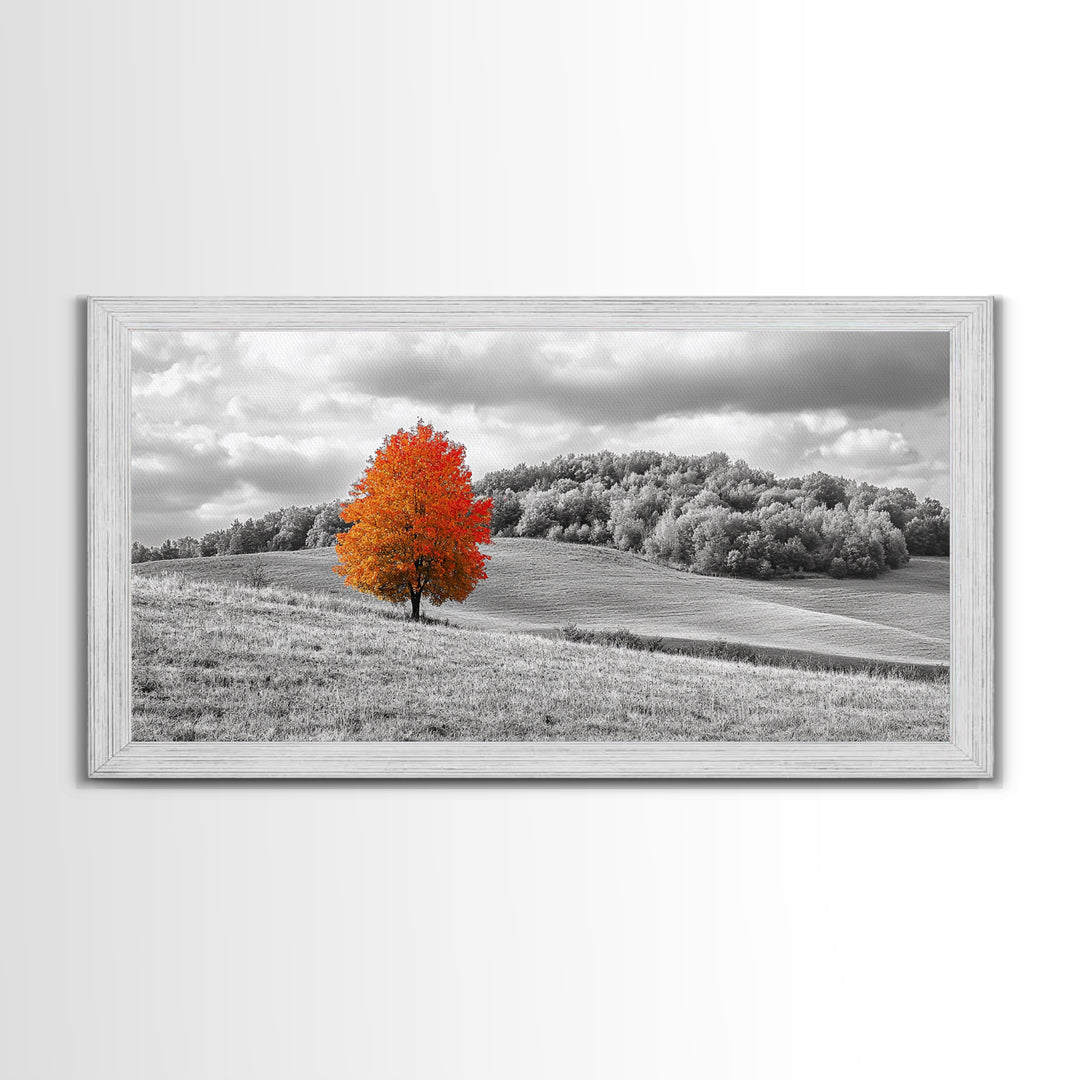 Autumn Tree, Rolling Hills, Minimalist Landscape, Fall Decor, Framed Canvas Print, Office Wall Art, Vibrant Red Orange Tree Scene