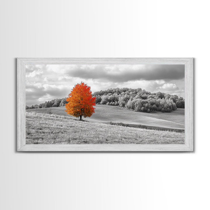 Autumn Tree, Rolling Hills, Minimalist Landscape, Fall Decor, Framed Canvas Print, Office Wall Art, Vibrant Red Orange Tree Scene
