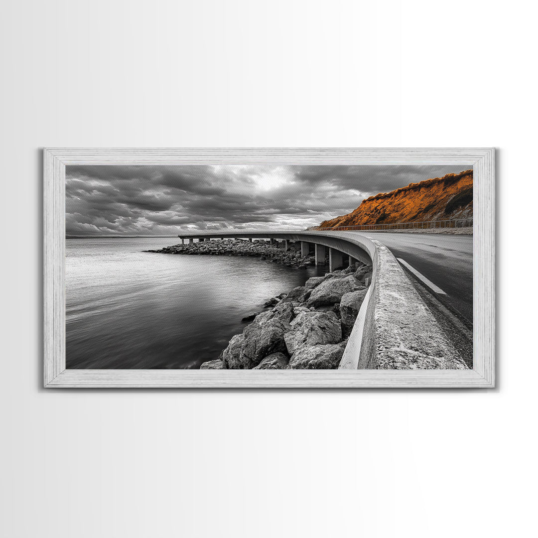 Cliffside Road, Autumn Drive, Ocean View, Stormy Sky, Canvas Print fall landscape art, modern hallway decor, minimalist travel scene