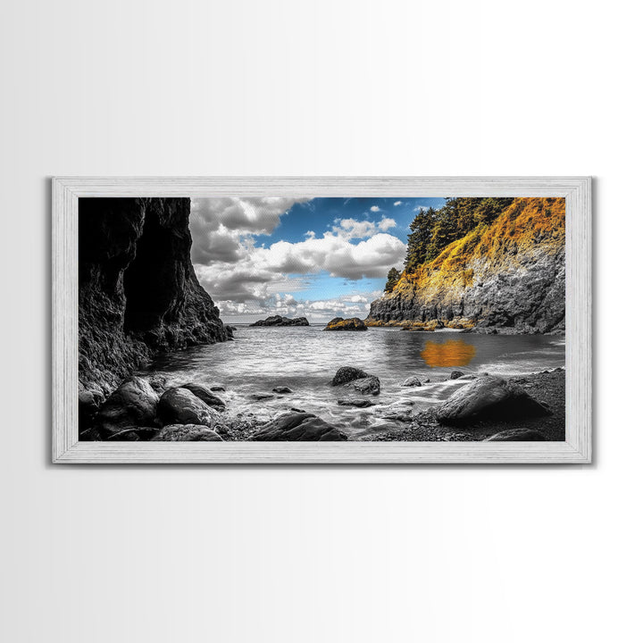 Rocky Cove, Coastal Escape, Golden Hillside, Ocean View, Canvas Print boho coastal art, fall themed decor, living room wall piece