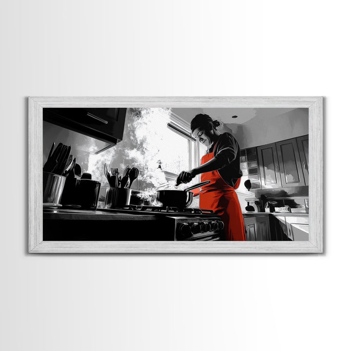 Bold Cooking Moment, Artistic Kitchen Scene, Red Apron Chef, Steam and Light, Framed Canvas Print, Kitchen Wall Art, Modern Pop Style