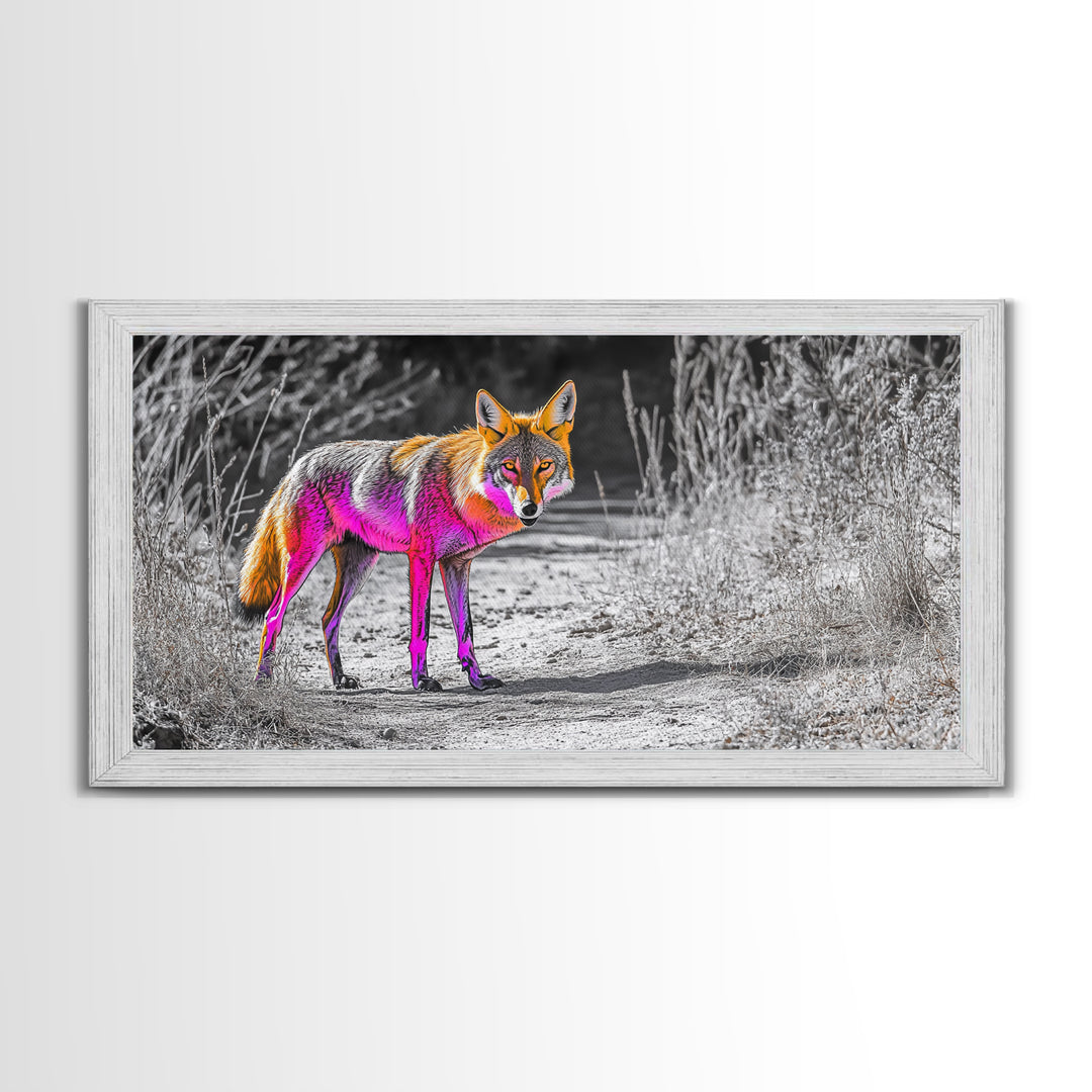 Neon Fox Portrait, Vibrant Wildlife Path Scene, Bright Nature Animal, Framed Canvas Print, Bedroom Wall Art, Psychedelic Animal Style