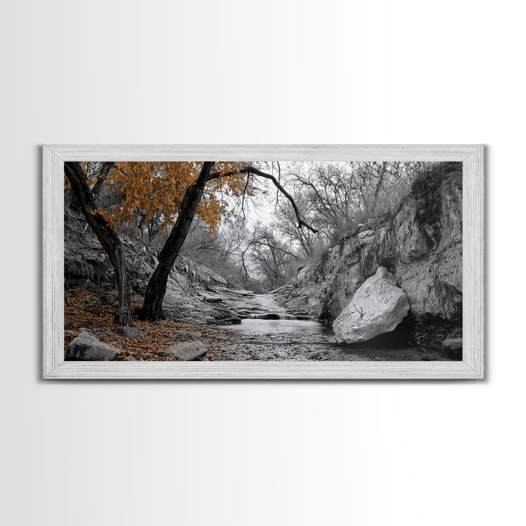 Autumn Stream, Orange Leaves, Waterfall Path, Framed Canvas Print, Fall Wall Art, Rustic Living Room Decor, Seasonal Nature Photography